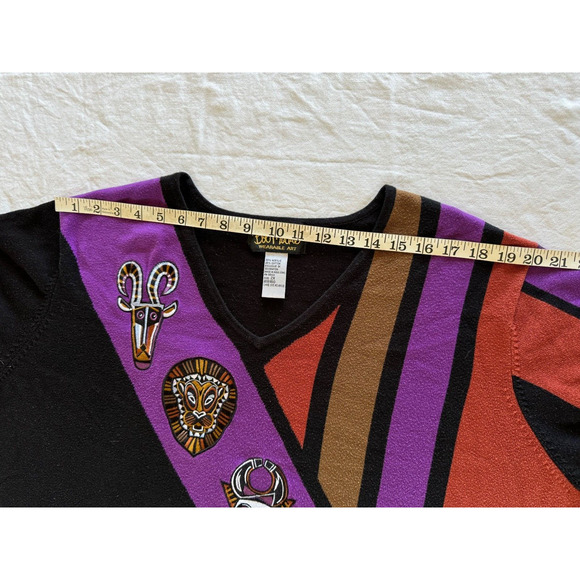 Bob Mackie Wearable Art Sweater African Masks Animals 2X Block Colors V Neck - Picture 4 of 7